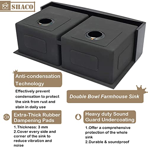 Image of SHACO 33 Inch Black Double Bowl Divided 50 /50 Farmhouse Sink, 33x21 Gunmetal Black Stainless Steel Undermount Apron Front Farm Kitchen Sink