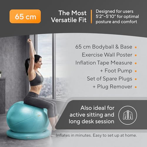 Image of Yoga Exercise Ball Chair for Office Desk with Base, Ideal for Pregnancy, Birthing, Stability Exercises & Fitness. Swiss Stability Birth Ball for Labor, Gym & Workouts.