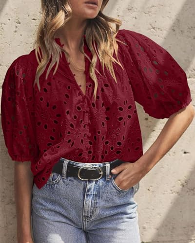 BETTE BOUTIK Women's Long Short Sleeve Tops 2025 Dressy Casual Button Hollow Out Lace Embroidered Blouses Shirts
