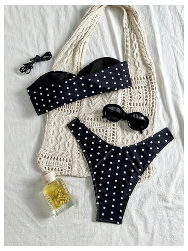 WDIRARA Women's Polka Dots Bandeau Bikini Set Strapless High Cut Swimsuit 2 Piece Bathing Suit2