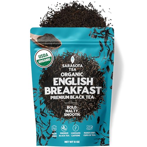 Organic English Breakfast Loose Leaf Tea | Traditional Strong Black Tea Blend | Full-Bodied Gourmet Flavor | High Caffeine | 8oz Bag | Fresh Leaves for Hot or Iced Tea | Non-GMO