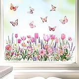 COMOOKA 3 Bögen Fensterbilder Frühling Blumen 58x30cm Selbstklebend Fenstersticker Fensteraufkleber Doppelseitig Schmetterlinge Fensterdeko Sommer für Wohnzimmer Kinderzimmer Wiederverwendbar (F)