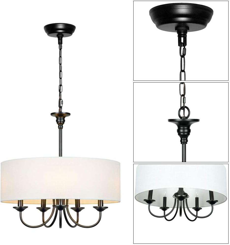 Traditional 5-Light Chandelier Modern White Drum Chandeliers with Linen Shade for Dining Room Living Room Foyer, 20" Dia
