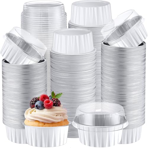 Gejoy 400 Pcs Aluminum Foil Baking Cups with Lids 5 oz Disposable Ramekins Mini Cake Pans Creme Brulee Cupcake Liners Muffin Tins Flan Mold Dessert Container for Wedding(White,Classic) by Gejoy - Used condition - US$39.45
