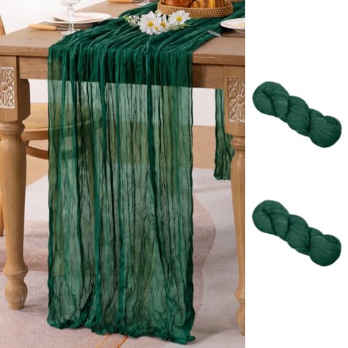 Image of MLMC 2 Pack Emerald Green Table Runner Boho Dark Green Cheesecloth Table Runner 10ft Sheer Gauze Cheese Cloth Decorations for Wedding Bridal Shower Home Party Decor