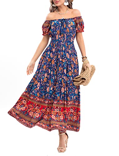 Image of OSTOO Women's Floral Maxi Dress Boho Summer Short Sleeve Smocked Waist Tiered Long Dress