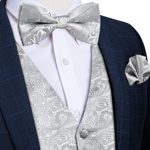 Image of DiBanGu Mens Paisley Suit Waistcoat,Silk Dress Vest and Bowtie Pocket Square Cufflinks with Lapel Pin Set for Wedding Tuxedo