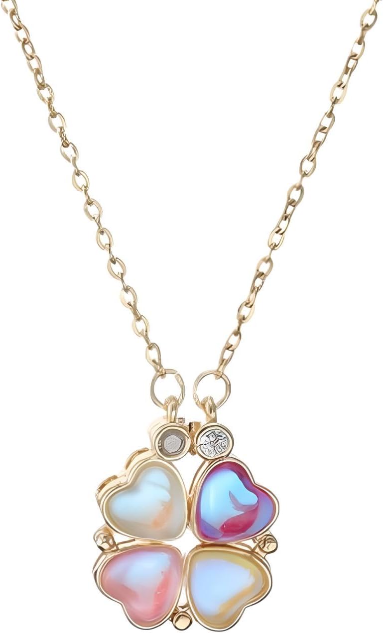 14k Yellow Gold Removable Pendant Clover Heart Necklace Set For Women, Gothic Love Lucky Heart Necklace - Four Leaf Clover Eternal Love Necklace, 4 Heart Clover Necklace