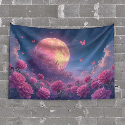 Things for Boys Room Magical Night with Full Moon and Pink Roses Tapestry Home Bar Decor Garage Accessories for Man Cave(100X150CM)