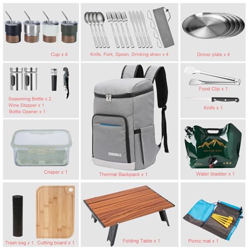 Image of Picnic Backpack Bundle 15-in-1 Set Camping Gear with Fold Table & Waterproof Blanket & Stainless Steel Utensils for 4-Person Family Hiking Essentials