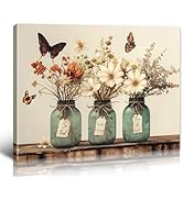 BLINFEIRU Bathroom Decor Flower Wall Art Rustic Floral Butterfly Vase Canvas Wall Art Prints Farm...
