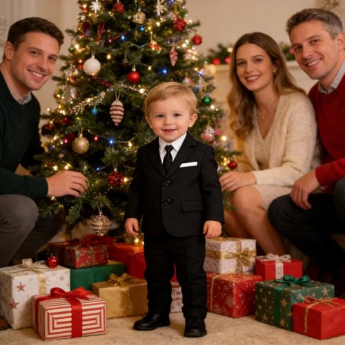 Image of Baby Boy Formal Suit for Toddler Infant Tuxedo Dress Suits | Little Gentleman, Wedding Ring Bearer Outfit, Vest Pants Long-Sleeve Shirt Tie, Birthday Party Christmas Prom, Classic