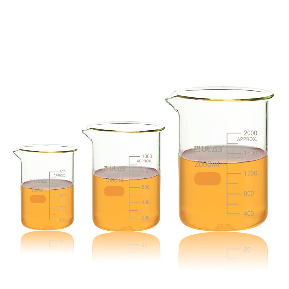 ULAB Scientific Glass Beaker Set, 3 Size of Vol. 500ml 1000ml 2000ml, 3.3 Borosilicate Griffin Low Form with Printed Graduation, UBG1028