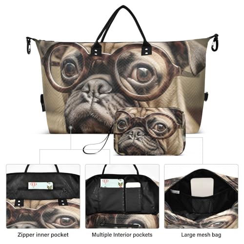 Large Travel Duffel Bag, Pug Dog with Glasses Sports Tote Gym Bag, Shoulder Weekender Overnight Bag for Women Men, Carry On Luggage with Toiletry Bags2