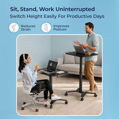 Image of The Sleep Company - AeroMini Electric Height Adjustable Desk | Ergonomic Work from Home Table | 4 Memory Presets | Lockable Wheels | 570 x 500 mm Thick Top | Free Installation | Black & Black