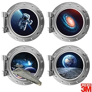 OFISSON – 4 Pcs Space 3D Wall Stickers – Porthole Galaxy Life Art Sticker 3M for Kids (Girls and Boys) Playroom (12…