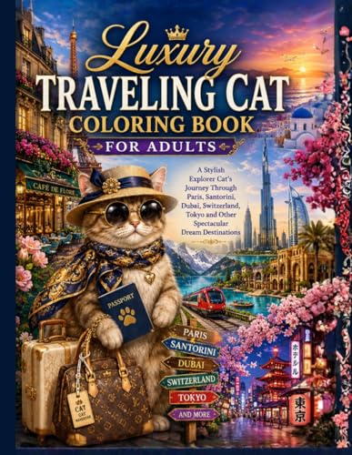 Luxury Traveling Cat Coloring Book for Adults: A Stylish Explorer Cat's Journey Through Paris, Santorini, Dubai, Switzerland, Tokyo and Other Spectacular Dream Destinations image 2