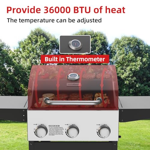 Image of Veralune 3 Burner Gas Grill, Outdoor Propane Grill with Wheels, 445 SQ. IN | Garden Barbecue Grill, 36000 BTU, Folding Side Tables, Cast Iron Cooking Grates for, Outdoor Cooking