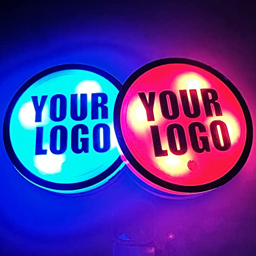 LZLRUN 2Pcs Custom Logo LED Car Cup Holder Light 7 Colors Changing USB Charging Mat Luminescent Cup Pad LED Interior Atmosphere Lamp