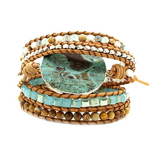 Bonnie Jasper Stone Bracelet Handmade Silver Gemstone Bead Leather Tree of Life Bangle Blue Stone Druzy Leather Boho Bracelet 5 Wrap