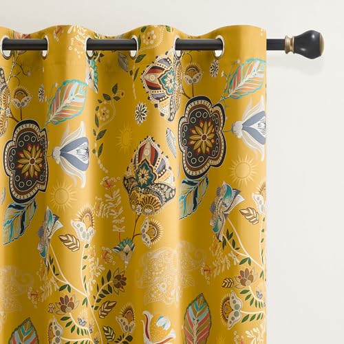 Image of XiDi Mustard Yellow Patterned Blackout Curtains 84 Inches Long 2 Panels | Vintage Floral Curtains for Bedroom Living Room, Thermal Insulated Grommet Top Luxury Mid Century Colorful Drapes, 52x84
