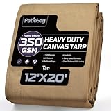 Patiobay Canvas Tarp 12x20 Feet, 12 Oz Heavy Duty Waterproof with Rustproof Grommets, UV Resistant, Multipurpose Outdoor Tarpaulin for Camping, Canopy, Woodpile, Trailer (Tan)