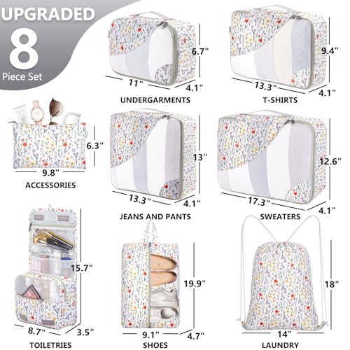 Image of 8 Set Packing Cubes for Travel, Gifts for Women Mom,Anti-Tearing Suitcase Organizer for Luggage with Shoe & Hanging Toiletry Bag,OlarHike Vacation Essentials & Accessories for Cruise Ship,Flower