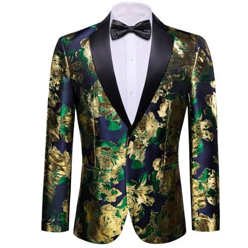 Barry.Wang Green Blazer Men Flowers Gold Suit Jacket Floral Jacquard Notched Lapel Tuxedo Stylish Sport Coat Disco Masquerade Ball