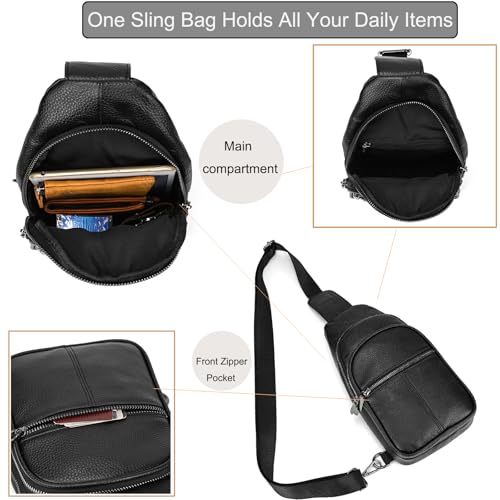 Genuine Leather Chest Bag for Men Women Cross Body Sling Shoulder Messenger Bag with Multiple Pockets for Travel Hiking Outdoor, Black4