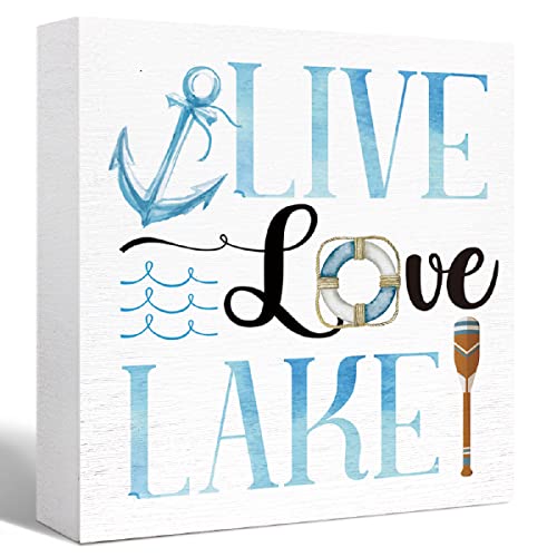 Lake Theme House Decor Wood Box Sign Live Love Lake Wooden Block Sign Desk Décor for Home Bedroom Office Desk Cubicle Table Shelf Tabletop Décor,Summer Lake House Sign Decor