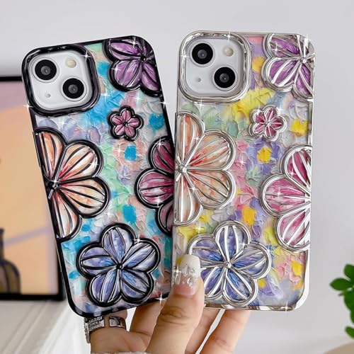 Image of mobistyle Designed for iPhone 15 Plus Cover| Electroplating Colourful Flower 3D TPU Camera Protection Back Cover Case for Women Girls (Flower Silver)