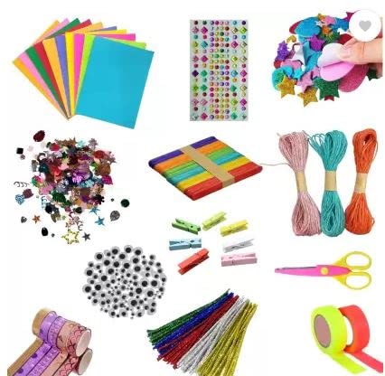 KRSNA Art DIY Art Craft 12 pcs Kit for Kids Creative Wooden Clips Jute Thread neon Decorative Tape Pipe Cleaners Foam Flowers Crystal Sticker Googly Eyes Sequins Colorful Wooden Sticks-image-20