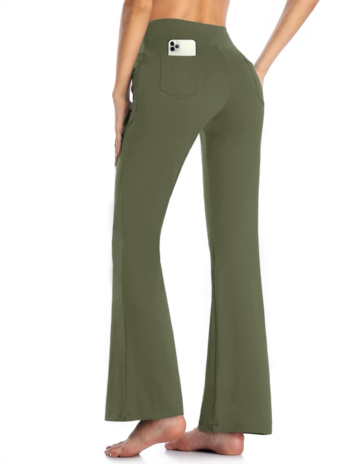 MOVE BEYOND Buttery Soft Women's Bootcut Yoga Pants with 4 Pockets Tummy Control Workout Bootleg Work Pants, Green, L