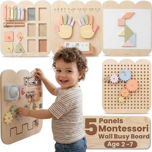 Nurtify 5 Panels Wall Busy Board for Toddlers 27 25-in-1 Montessori Wall Activity Board Wooden Busy Board Wall Mounted Sensory Wall Panel for Kids Toddler wall Activity Large Modular System