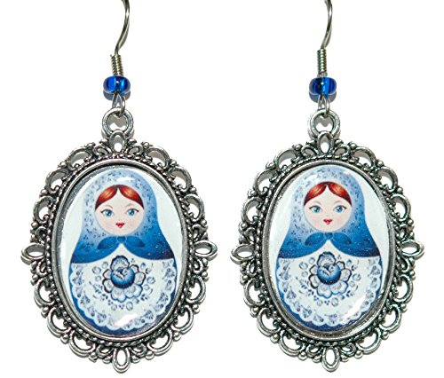 Matroyshka Russian Doll Silver Tone Oval Filigree Dangle Earrings (OR004)