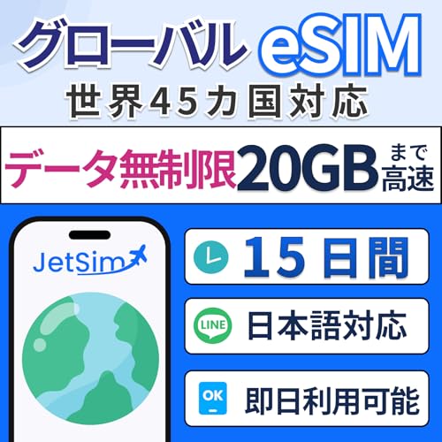 �O���[�o�� 45�J�� eSIM �A�����J �C�M���X �t�����X �X�y�C���Ή� SIM�J�[�h 15���� �f�[�^�g������20GB JetSim eSIM ������ �W�F�b�g�V��