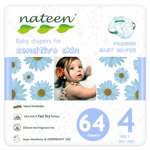 Image of Nateen Premium Baby Diapers, Overnight Use Disposable Diapers for Sensitive Skin, Ultra Thin Diapers with Comfortable Fit. Size 4 (Large), 64, Count.