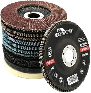 Zestaw tarcz wachlarzowych i polerskich, 11 części, Ø 125 mm, tarcza wachlarzowa, 4 x niebieska (Inox) 4 x brązowa (standard), ziarno 40/60/80/120, 1 x gruba tarcza czyszcząca, 2 x tarcza polerska