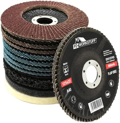 Zestaw tarcz wachlarzowych i polerskich, 11 części, Ø 125 mm, tarcza wachlarzowa, 4 x niebieska (Inox) 4 x brązowa (standard), ziarno 40/60/80/120, 1 x gruba tarcza czyszcząca, 2 x tarcza polerska