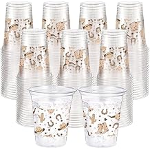 Jingmore 100 Pcs Western Plastic Cups 12 oz Clear Disposable Plastic Cowboy Cowgirl Drinking Cups Bulk for Boho Preppy Baby Shower Birthday Wild West Party Decoration SuppliesWestern Cowboy,Brown