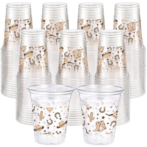 Jingmore 100 Pcs Western Plastic Cups 12 oz, Western Cowboy, Brown