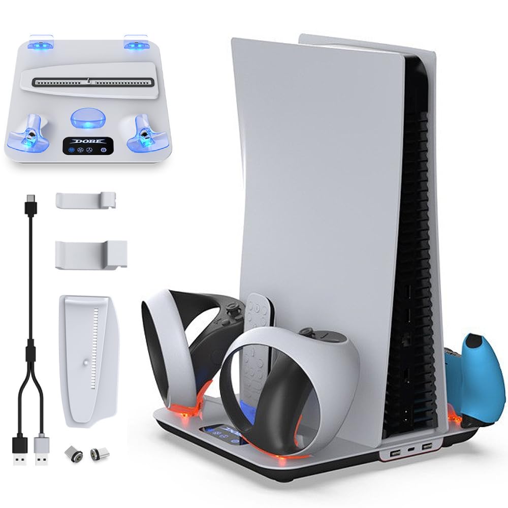 BeisDirect Ventilador de refrigeración de soporte PS5 para consola PS5 Slim/PS5, estación de carga de controlador dual para PSVR 2 y PS5, soporte vertical multifuncional con cargador de controlador