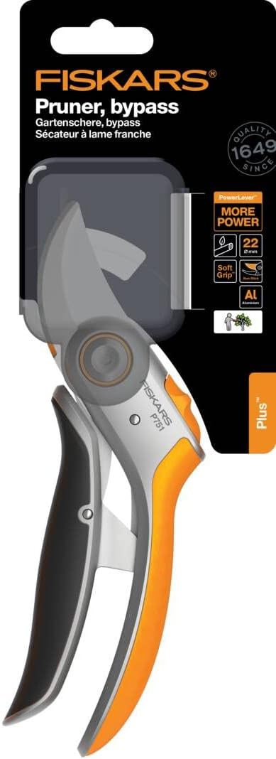 Fiskars PowerLever 1057172 Bypass Secateurs for Fresh Branches and Branches, Non-Stick, Steel Blades/Aluminium Handles, Black/Orange, Plus, P751