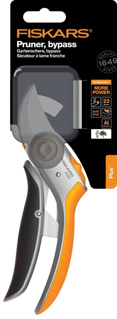 Fiskars Tijeras de jardín Bypass PowerLever para ramas y ramitas frescas, Recubrimiento antiadherente, Cuchillas de acero/Mangos de aluminio, Negro/Naranja, Plus, P751, 1057172