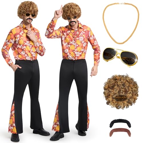 BuzzoXerex Disfraz Años 70 Hombre, 7 Piezas Disfraz Hippie Hombree con Peluca, Camisa, Pantalones de Campana y Accesorios de Disco para Carnaval Halloween y Fiesta Temática (Negro, M)
