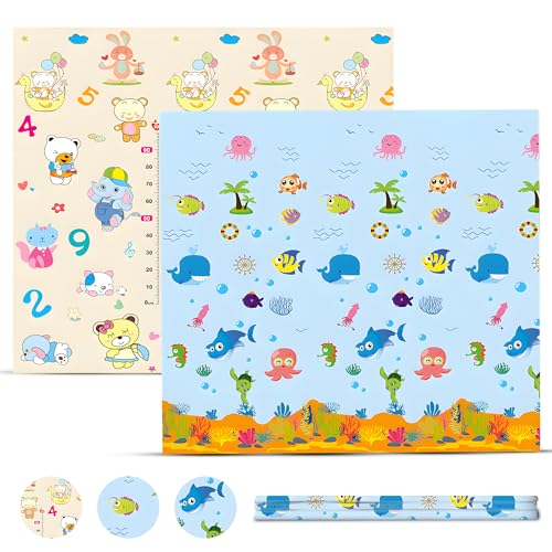 Babybaipro - Tapete dobrável acolchoado 200 x 180 x 1 cm, tapete infantil reversível XPE, impermeável, não tóxico, jogo de atividades presente menina - menino aniversário Natal. Baby PlayMat