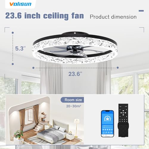 Image of VOLISUN Fandelier Ceiling Fans with Light, 23.6in Low Profile Ceiling Fan with Light and Remote, 3000K-6500K Dimmable Bladeless Ceiling Fan Flush Mount, Black Modern Ceiling Fan with Light for Bedroom
