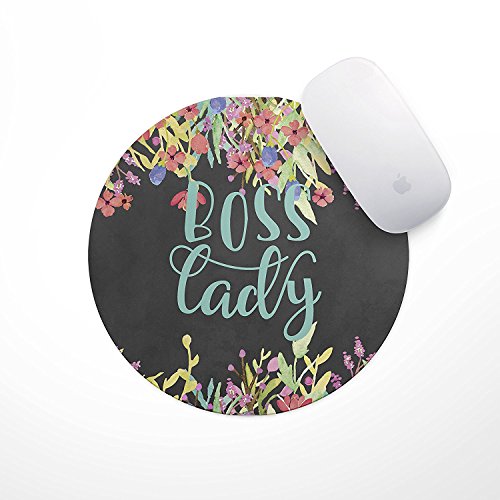 Boss Lady Floral Mouse Pad | Neoprene Inspirational Quote Mousepad Office Space Decor Home Office Computer Accessories Mousepads Watercolor Pink and Blue Florals