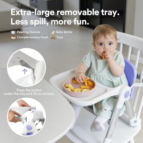 Image of Apramo 3-in-1 Toddler Booster Seat for Kitchen Chair & Dining Table with Removable Tray and Safety Straps, Portable& Foldable Babies Chair for Table, Feeding, Floor & Travel, Purple