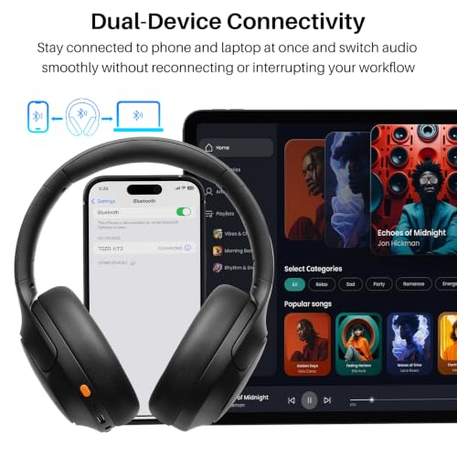 Image of TOZO HT3 Hybrid Noise Cancelling Wireless Headphones, 90H Over Ear Headset | Hi Res Audio, AI Voice Assistant, Dual Device Connection, 32 Custom EQs, Built In 5 Mics, ANC, Foldable, Bluetooth 6.0